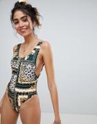 New Look Baroque Print High Leg Swimsuit - Multi