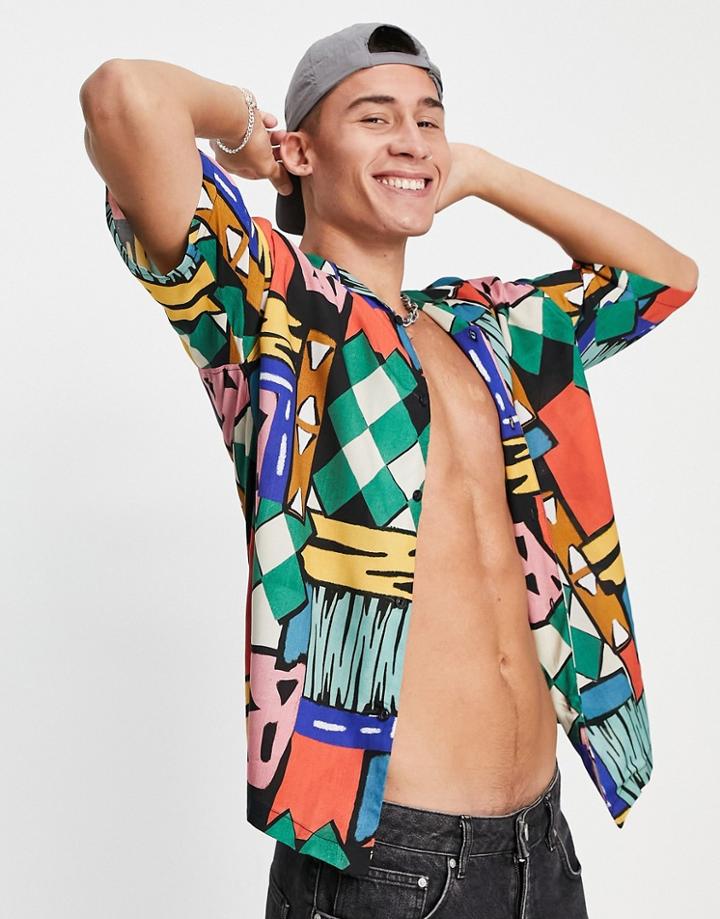 Pull & Bear Printed Shirt In Multi Abstract Print
