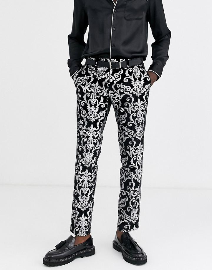 Twisted Tailor Super Skinny Velvet Suit Pants With Silver Print In Black