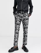 Twisted Tailor Super Skinny Velvet Suit Pants With Silver Print In Black