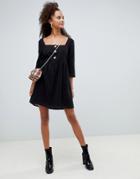 Asos Design Square Neck Smock Mini Dress With Buttons In Grid Texture-black