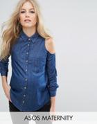 Asos Maternity Denim Cold Shoulder Shirt In Dark Blue Wash - Blue