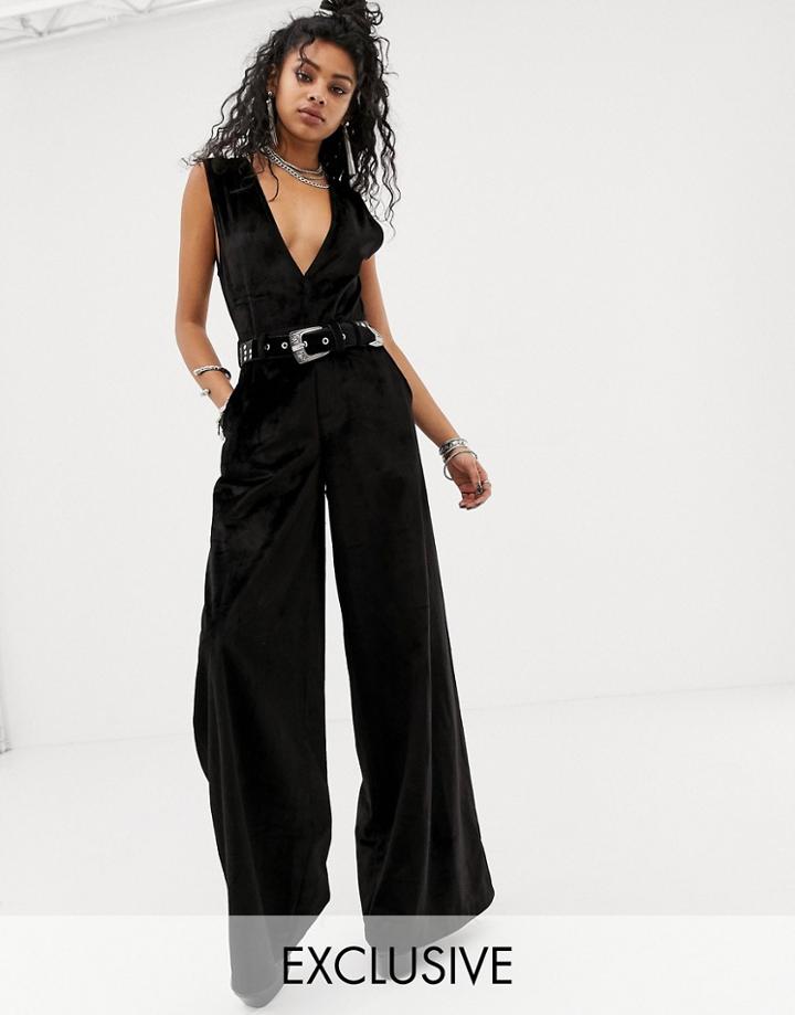 Sacred Hawk Wide Leg Jumpsuit In Velvet-black