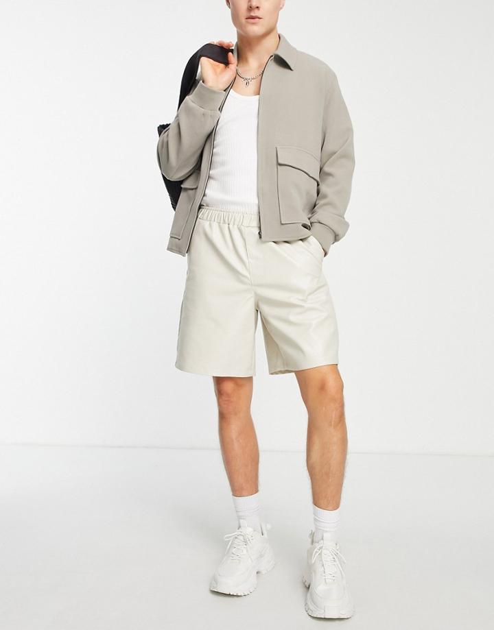 Asos Design Boxy Shorts In Faux Leather In Cream-neutral