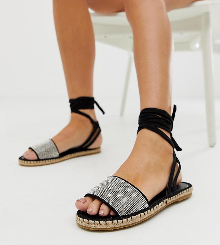 Asos Design Jamila Rhinestone Tie Leg Espadrille Sandals - Black