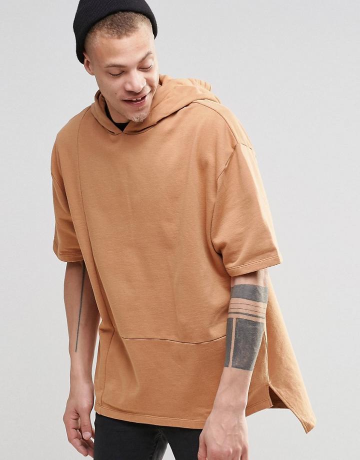 Asos Short Sleeve Oversized Hoodie With Heavy Wash - Camel
