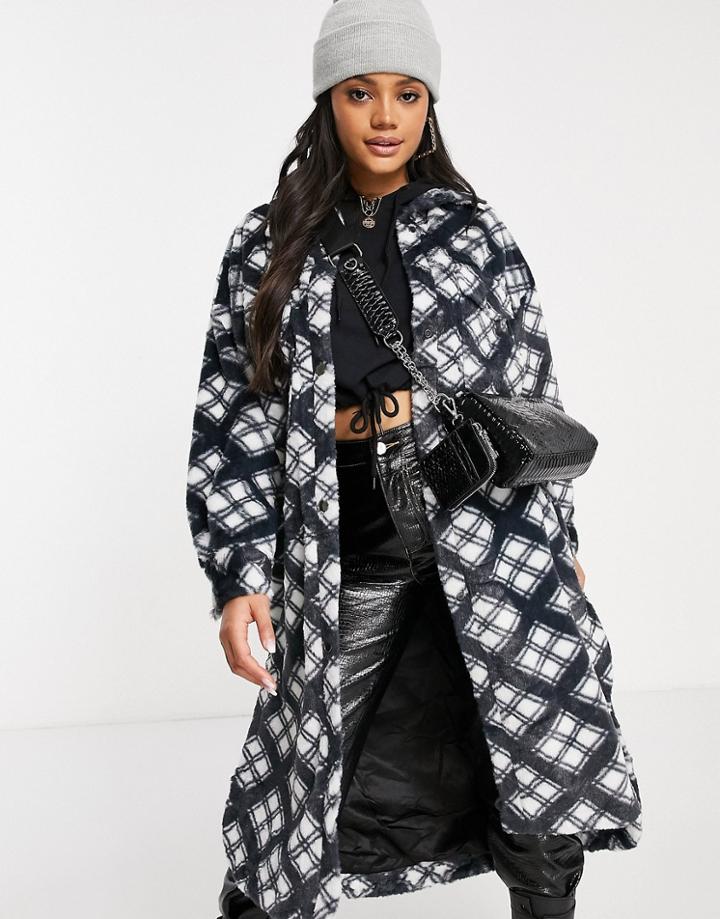 Jayley Long Length Faux Fur Plaid Shirt Jacket In Multi
