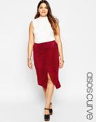 Asos Curve Wrap Midi Skirt In Suede With D-ring - Berry Red
