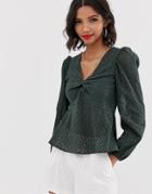 Asos Design Long Sleeve V Neck Broderie Top With Twist Front Detail-green