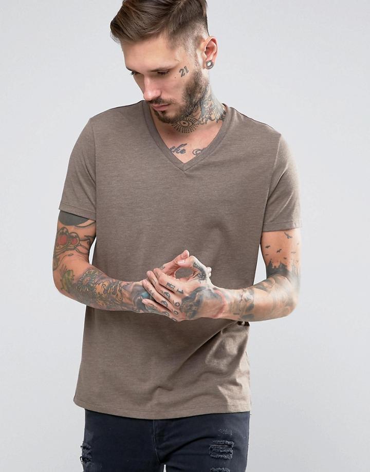 Asos T-shirt With V Neck In Brown Marl - Brown