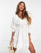 Topshop Ruffle Broderie Mini Dress In Ivory-white