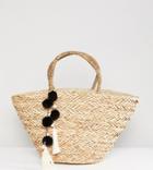South Beach Straw Beach Bag With Black & White Pom - Beige