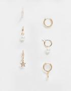 Asos Design Pack Of 3 Hoop Earrings In Pearl And Star Charms In Gold Tone