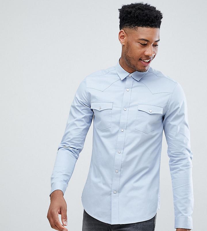 Asos Design Tall Slim Fit Western Shirt In Blue - Pink