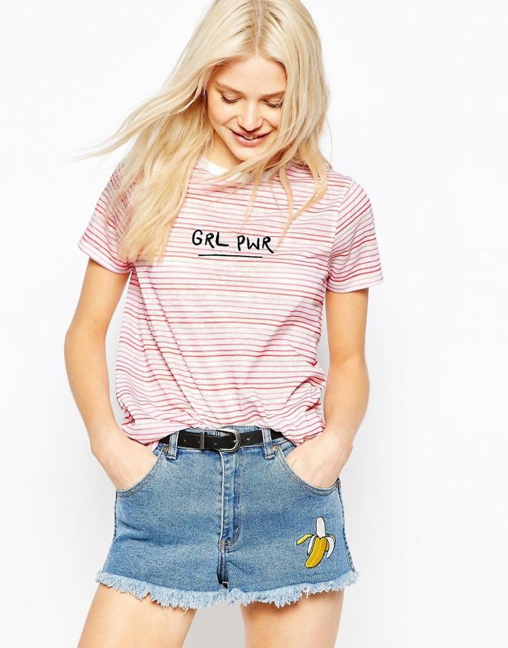 Asos T-shirt In Ombre Stripe With Girl Power Embroidery - Multi