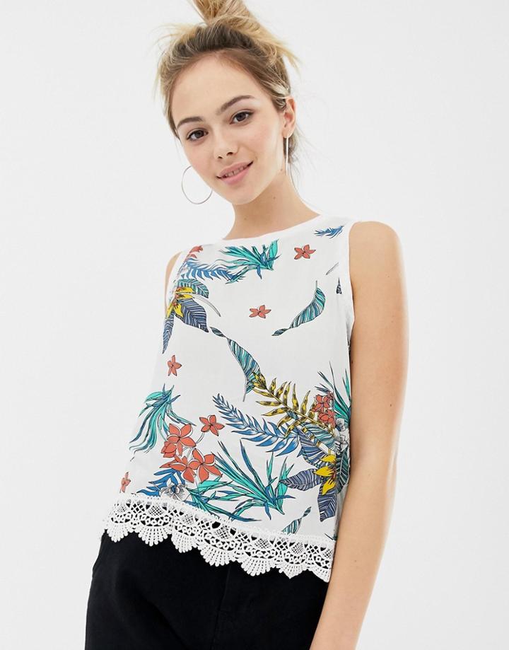 Brave Soul Kate Tropical Print Top With Crochet Trim - White