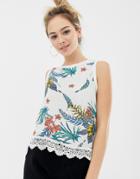 Brave Soul Kate Tropical Print Top With Crochet Trim - White