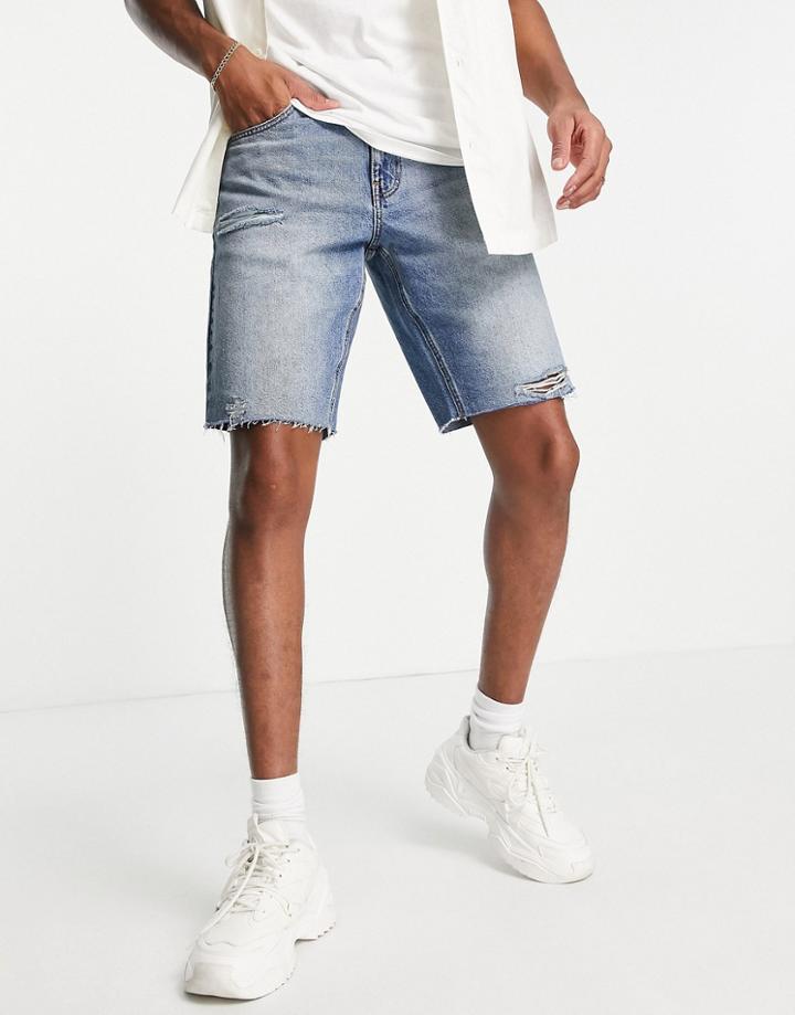 Asos Design Slim Denim Shorts In Mid Wash Tint With Raw Hem-blue