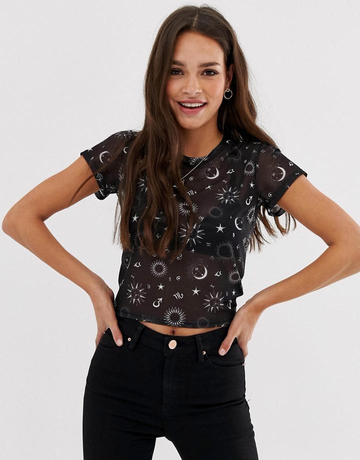 Asos Design Crop Mesh Top With Cap Sleeve In Horoscope Print - Black
