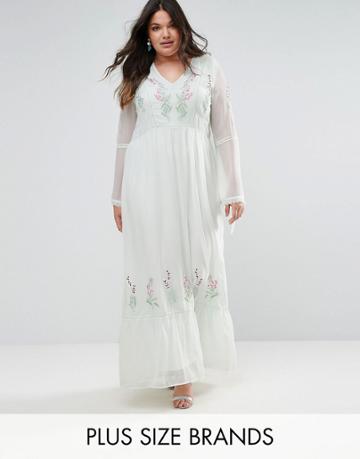 Frock And Frill Plus Embroidered Prairie Maxi Dress With Tie Detail - Green