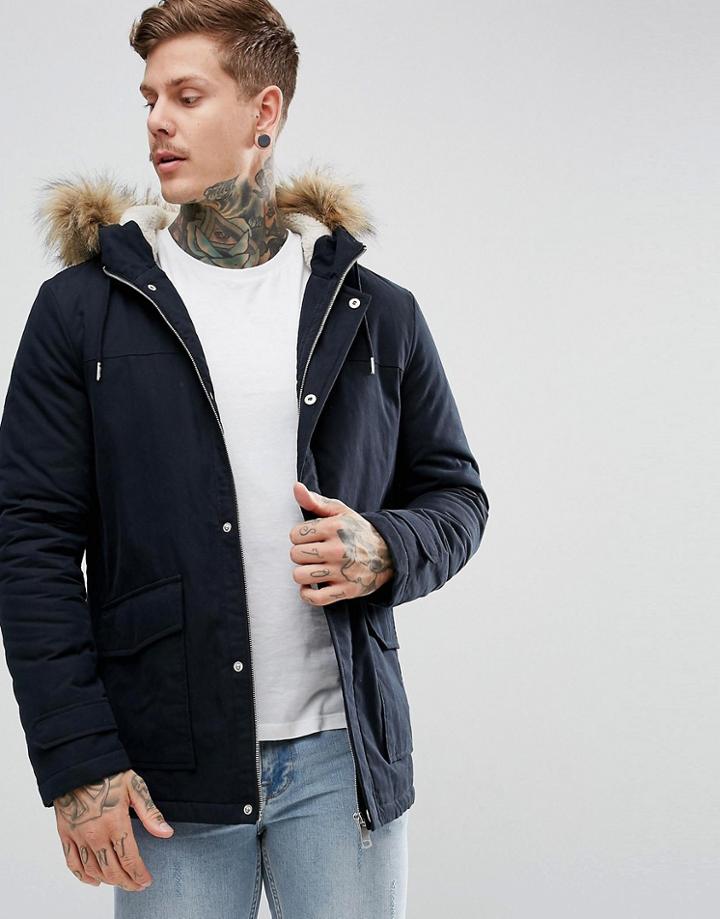 New Look Parka With Faux Fur Hood In Navy - Navy