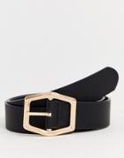 Asos Design Faux Leather Wide Belt In Black With Gold Hexagon Buckle