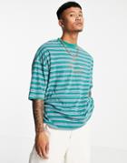 Asos Design Oversized Organic Striped T-shirt In Blue With Front Bird Embroidery-green