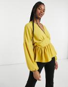 Asos Design Long Sleeve Wrap Front Blouse In Mustard-yellow