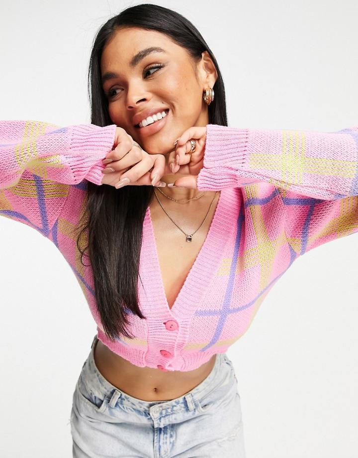 Missguided Cardigan In Pink Plaid