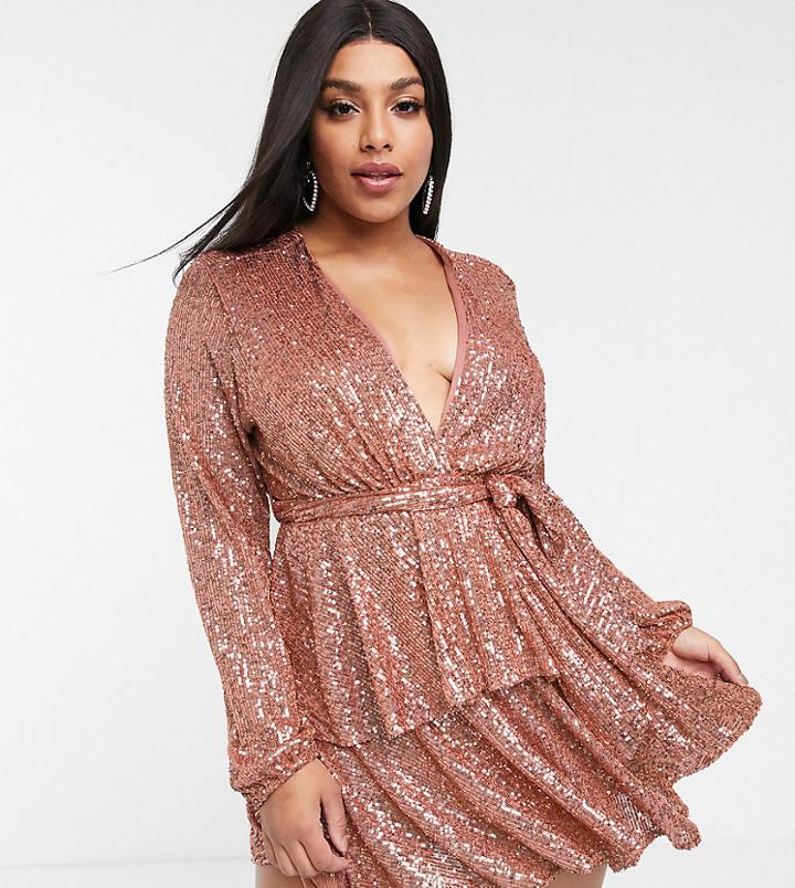 John Zack Plus Sequin Plunge Front Skater Dress In Rose Gold-pink