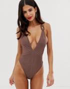 River Island Plunge Swimsuit In Chocolate-brown