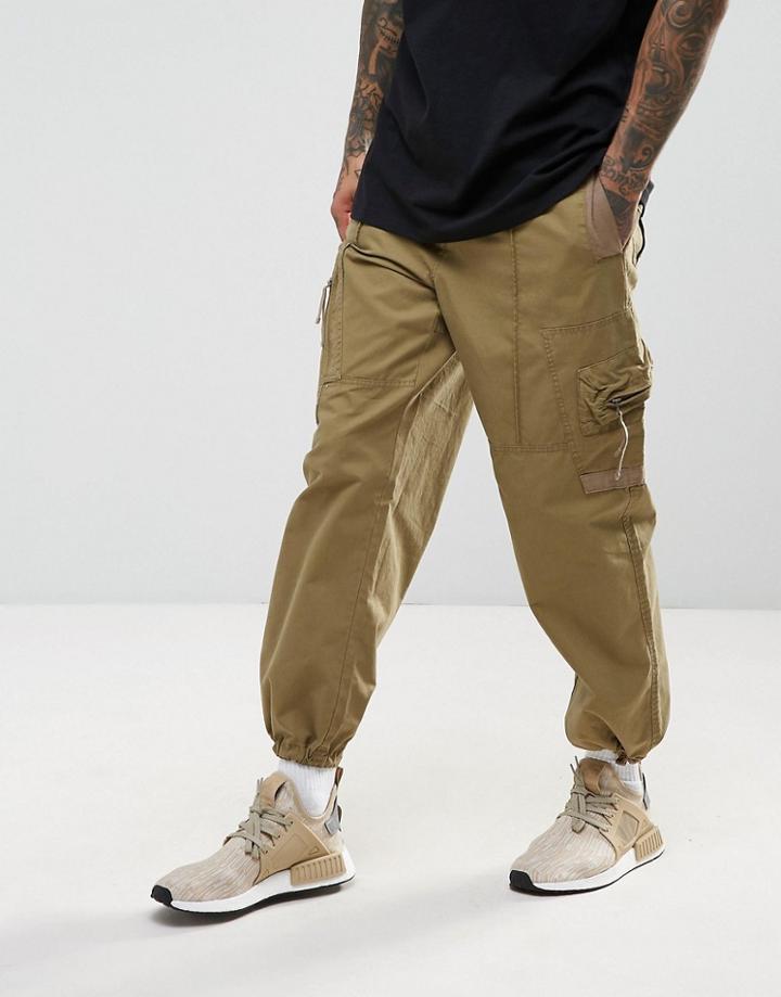 Asos Straight Cargo Joggers With Zip And Webbing Details In Brown - Brown