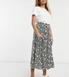 Asos Design Petite Button Through Midi Skirt With Deep Pocket Detail In Blurred Floral Print-multi