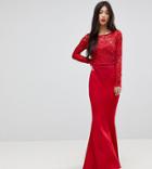 City Goddess Petite Bow Back Maxi Dress With Lace Body - Red