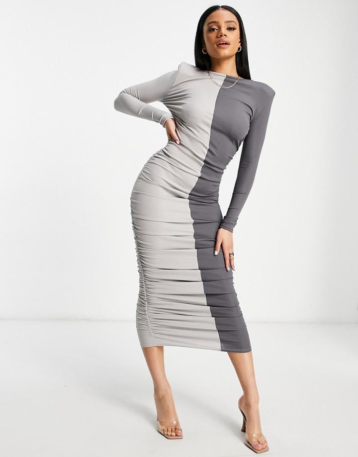 I Saw It First Long Sleeve Midi Dress With Ruched Side Detail In Contrast Multi