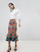 Asos Design Midi Skirt With Double Ruffe In Tropical Jacquard - Multi
