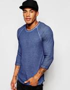 Asos Waffle Jersey Extreme Muscle 3/4 Sleeve T-shirt With Oil Wash In Blue - Blue