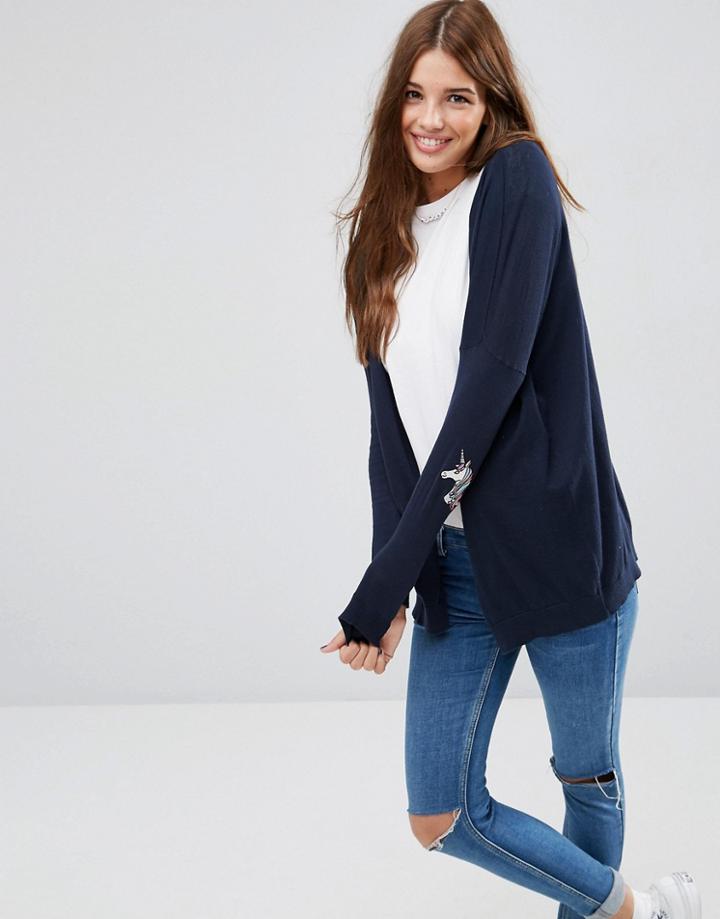 Asos Swing Cardigan With Unicorn Elbow Patch - Navy