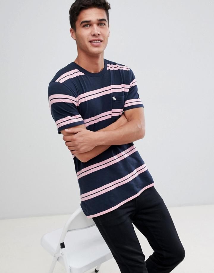 Abercrombie & Fitch Bold Rugby Thin Stripe Icon Logo T-shirt In Navy/pink - Navy