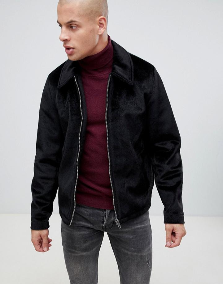 Asos Design Faux Pony Hair Zip Through Jacket - Black