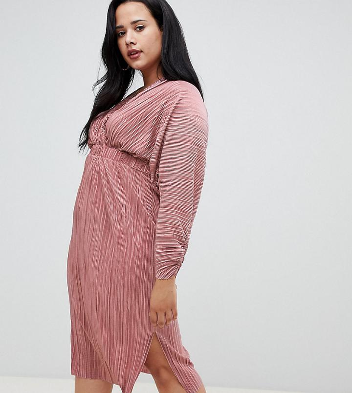 Asos Design Curve Batwing Midi Plisse Dress - Pink