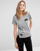 People Tree Organic Cotton T-shirt With Pocket Cat And Bird Print - Gray