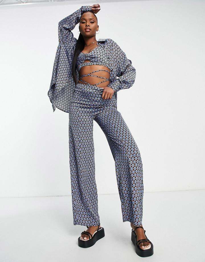 Missguided Pants Set With Tie Waist Detail In Navy Geometric Print-blue
