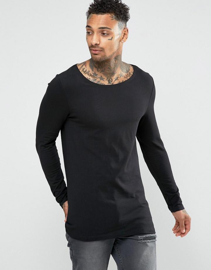 Asos Longline Muscle Long Sleeve T-shirt With Boat Neck In Black - Black