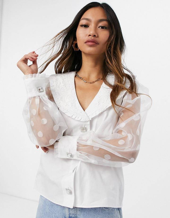 River Island Poplin Collar Puff Sleeve Shirt In White