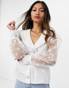 River Island Poplin Collar Puff Sleeve Shirt In White