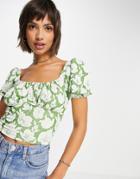 River Island Tie Detail Floral Crop Top In Green
