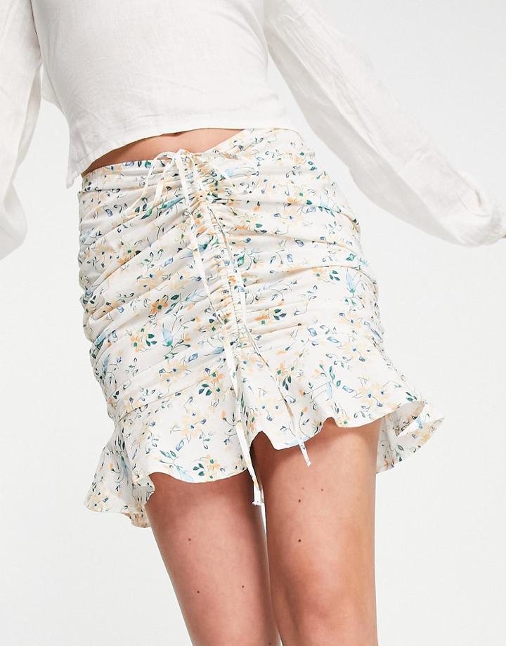 Asos Design Ruched Front Cotton Mini Skirt In Floral Print-multi