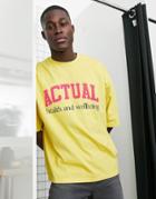 Asos Actual Oversized T-shirt With Boucle 'health & Wellbeing' Logo In Yellow