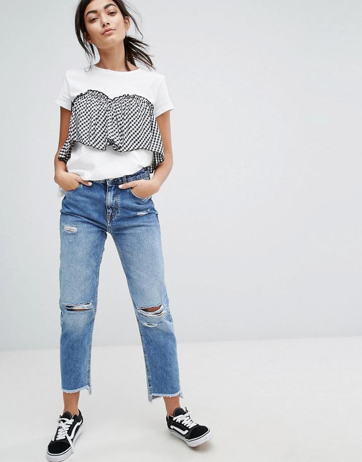Bershka Gingham T-shirt - White